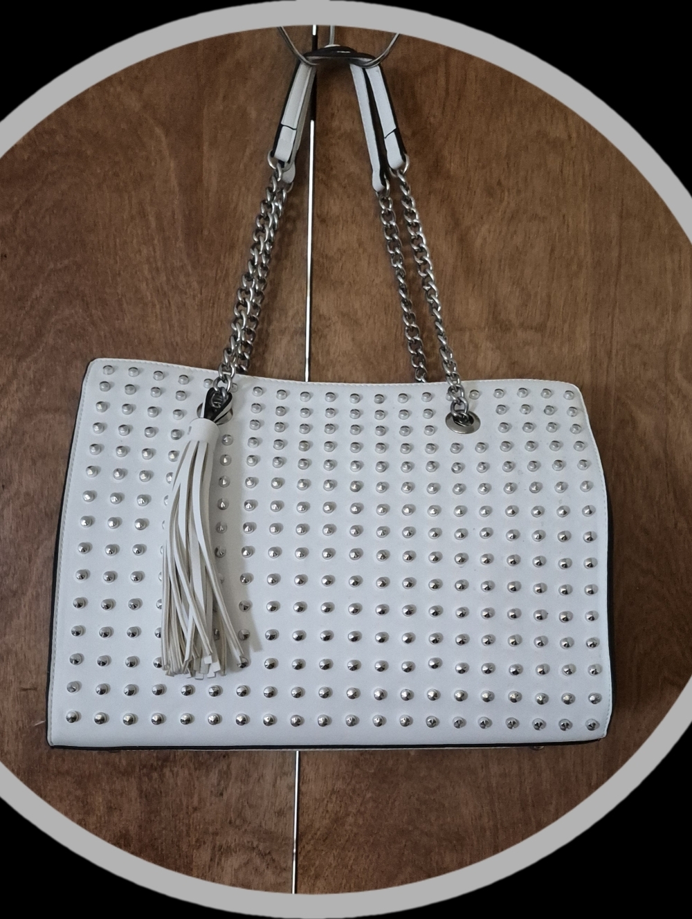 Carlos by Carlos Santana White Vegan Leather Studded Tote Bag w/Oversized Tassel